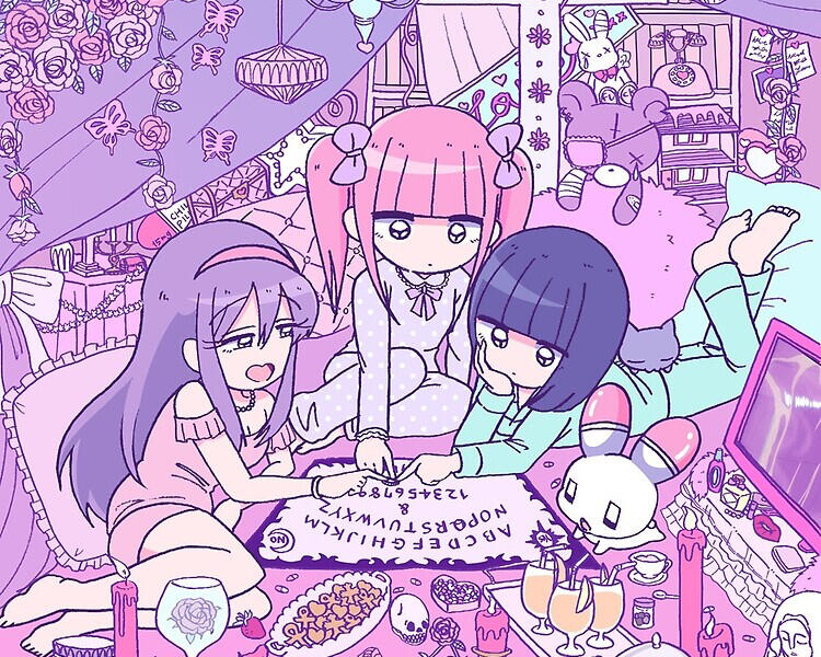 Yumekawa-chan, Menhera-chan and Sabukaru-chan playing with an Ouija board